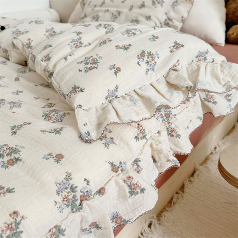 Side view of floral bedding set styled in natural-tone kids room