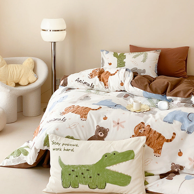 cotton Zoo animal bedding set with colorful animal print and mathcing solid color flat sheet
