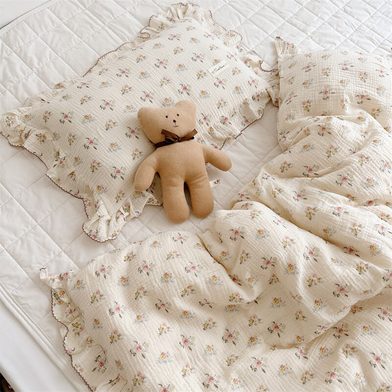 Ruffled cotton muslin duvet cover set with azalea floral print
