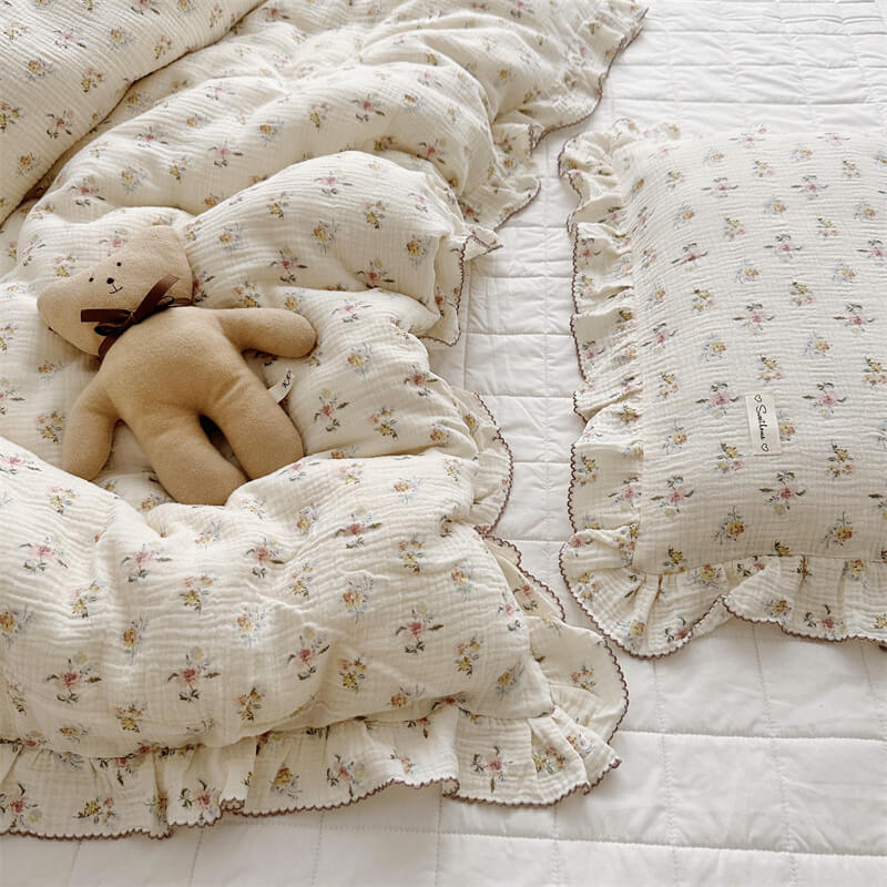 Azalea floral pillowcase with ruffled edge on cotton muslin bedding