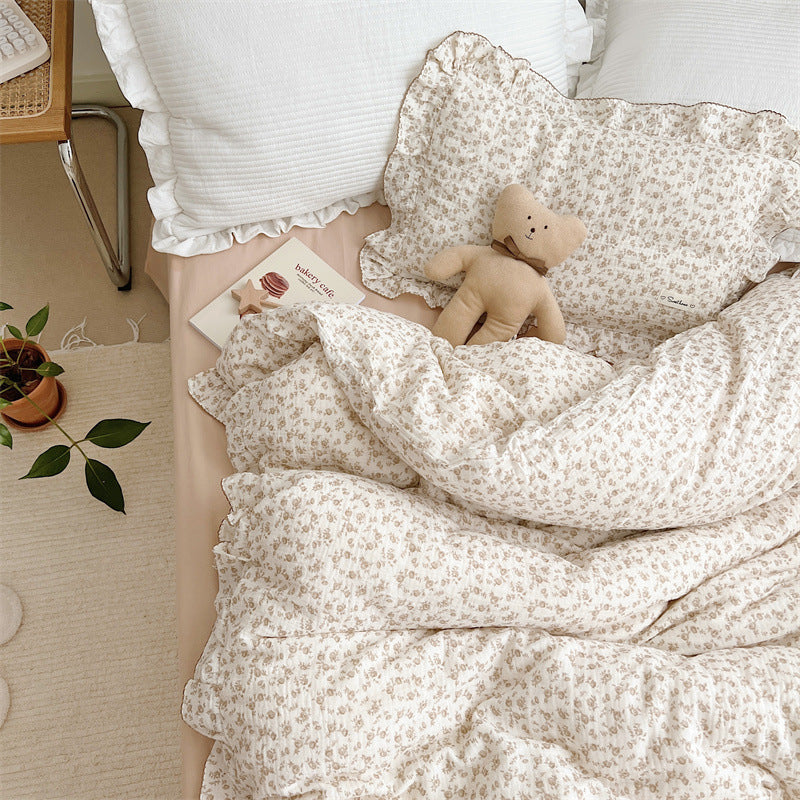 Vintage ruffle duvet cover set with camellia floral muslin fabric