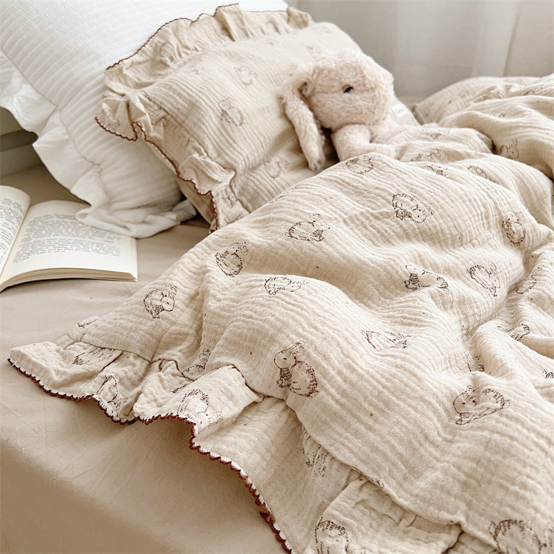 Ruffled cotton muslin duvet cover set with bunny print