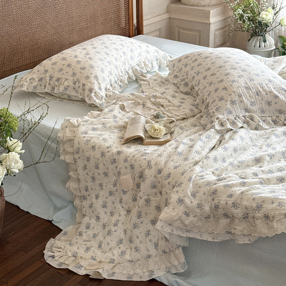 ruffled Blue floral comforter with delicate ruffles and crinkled texture