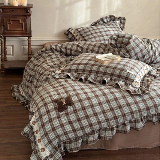 Brown Plaid Ruffled Duvet Cover Set