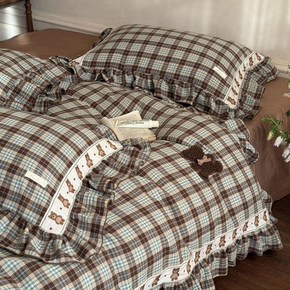 Brown Plaid Ruffled Duvet Cover Set