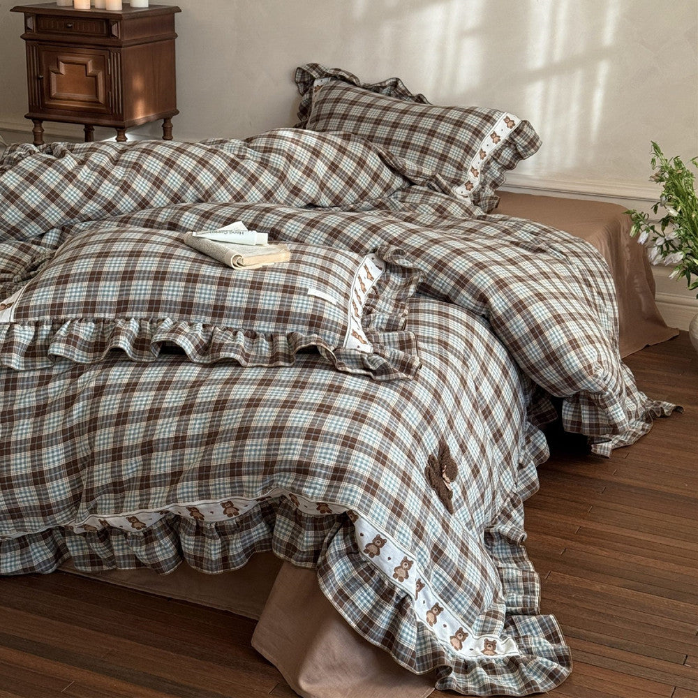 Brown Plaid Ruffled Duvet Cover Set