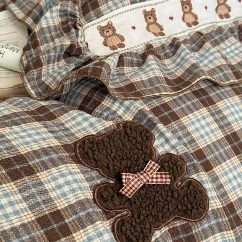 Brown Plaid Ruffled Duvet Cover Set