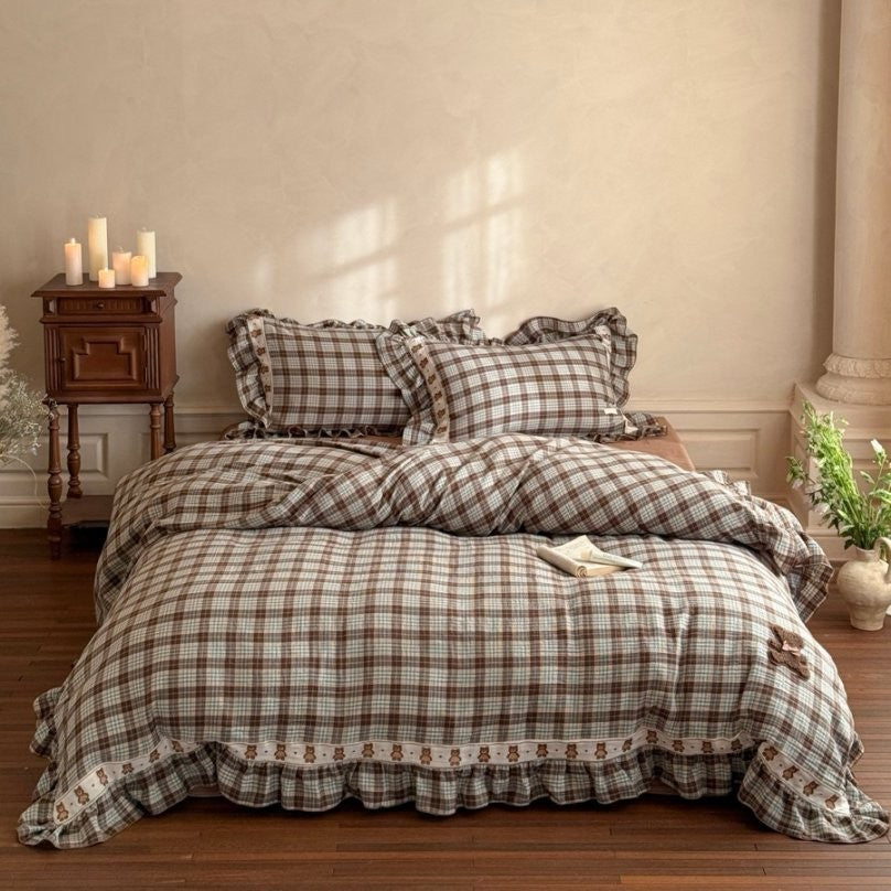 Brown Plaid Ruffled Duvet Cover Set