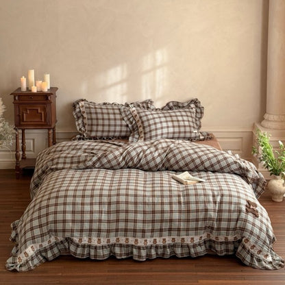 Brown Plaid Ruffled Duvet Cover Set