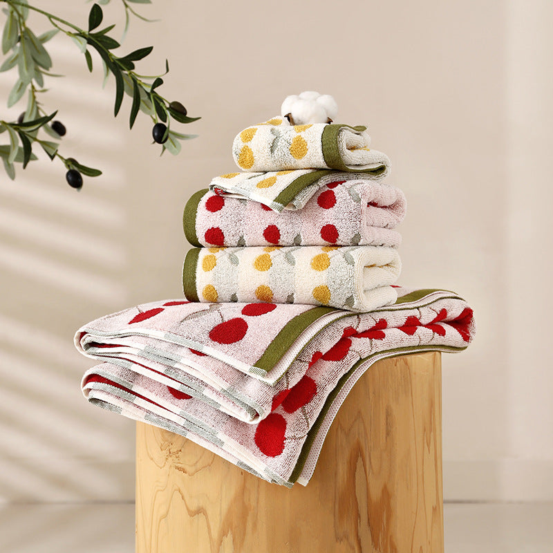 タオル+バス用品 HLT Cherry Pattern Face Towel Set Cherry Cotton Towel Set – Face, Wash & Bath Towels