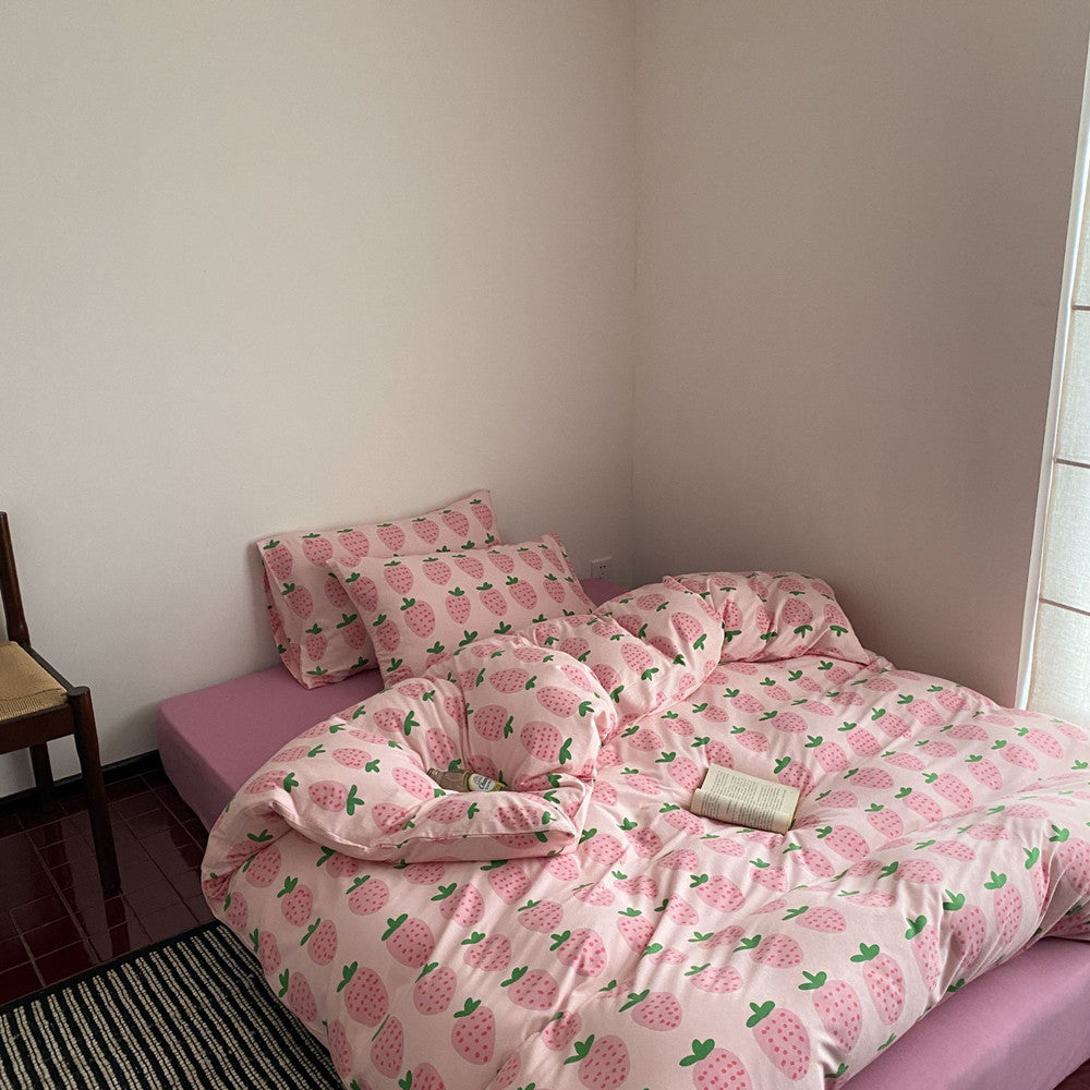 Cute strawberry bedding set with pink sheet for a teen bedroom