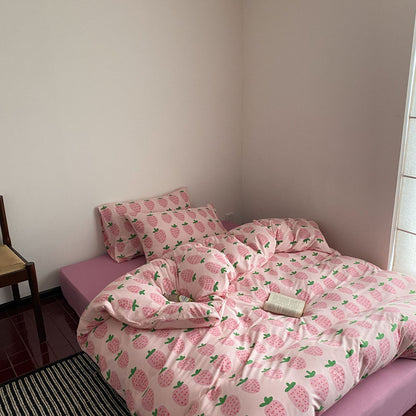 Cute strawberry bedding set with pink sheet for a teen bedroom