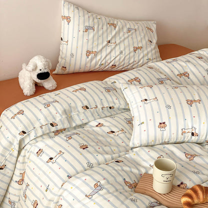 Blue stripe dachshund cotton muslin bedding set with matching pillowcase, rust sheet, and cozy kids bedroom details