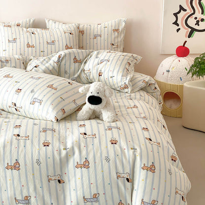 Playful dog themed kids bedding set with dachshund pattern, blue stripes, plush dog toy, and cheerful room decor