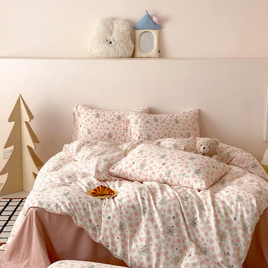 Cotton muslin pink elephant kids bedding set with cream duvet cover, pink spots, blush sheet, and matching pillows