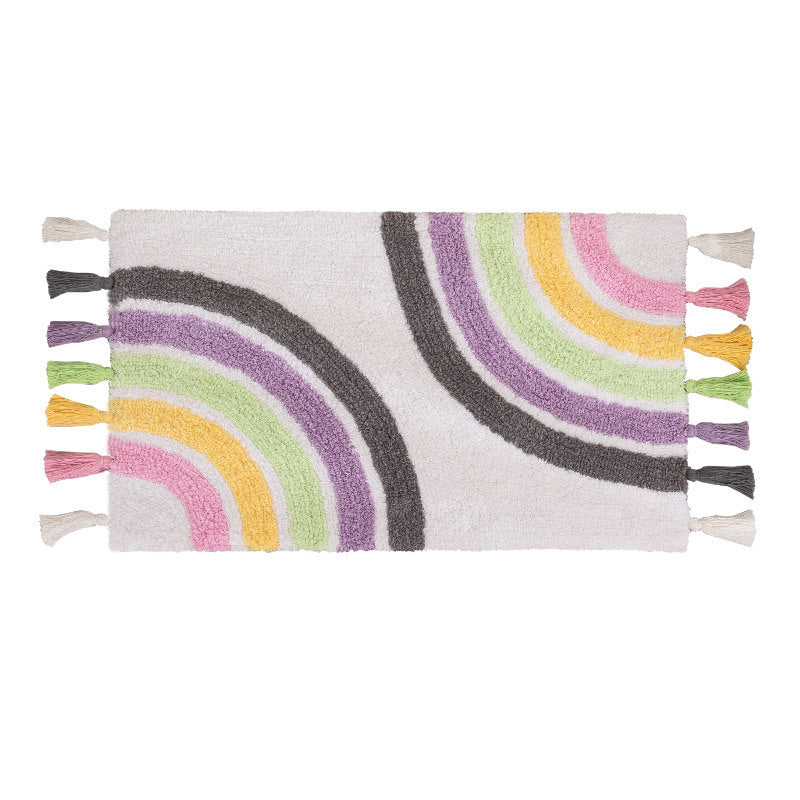 Overhead shot of the 50x80cm cotton rainbow area rug with tassels, isolated on a white background to show the full pattern.