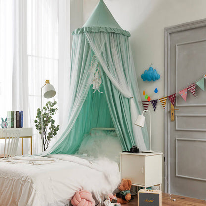 Mint green double-layer kids bed canopy with ruffled trim, decorating a child's single bed for a serene nursery room look