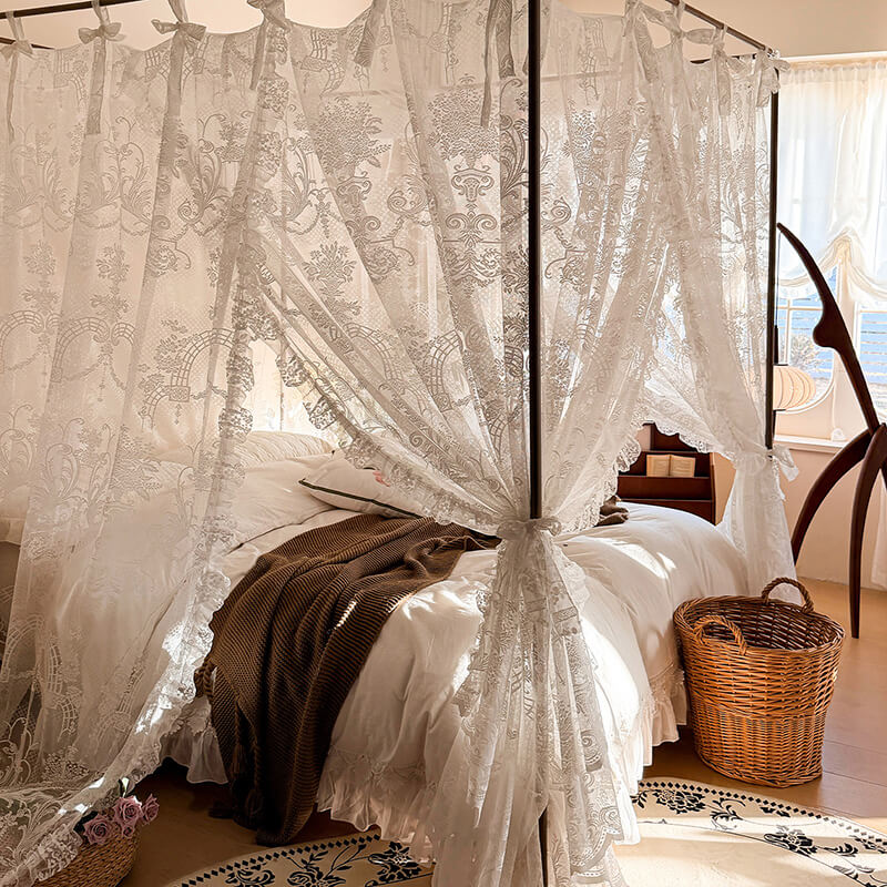 Bedroom with lace curtains and a basket on the floor