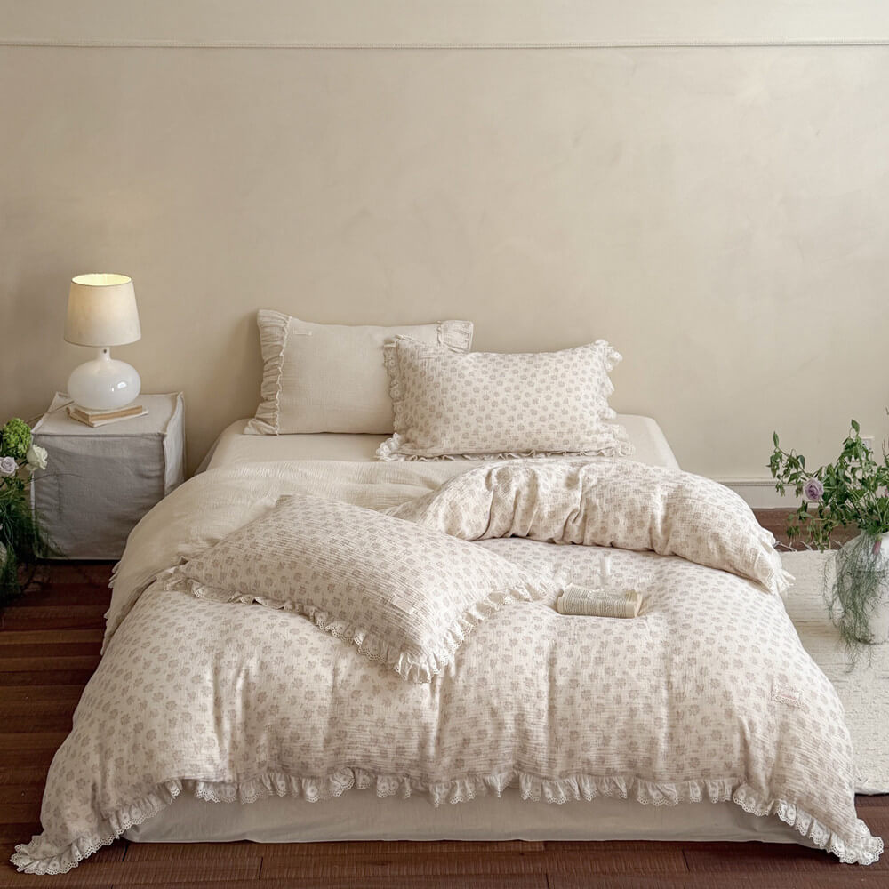 Dusty Pink Floral Bedding Set with Lace Trim