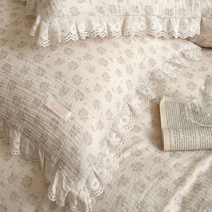 Dusty Pink Floral Bedding Set with Lace Trim