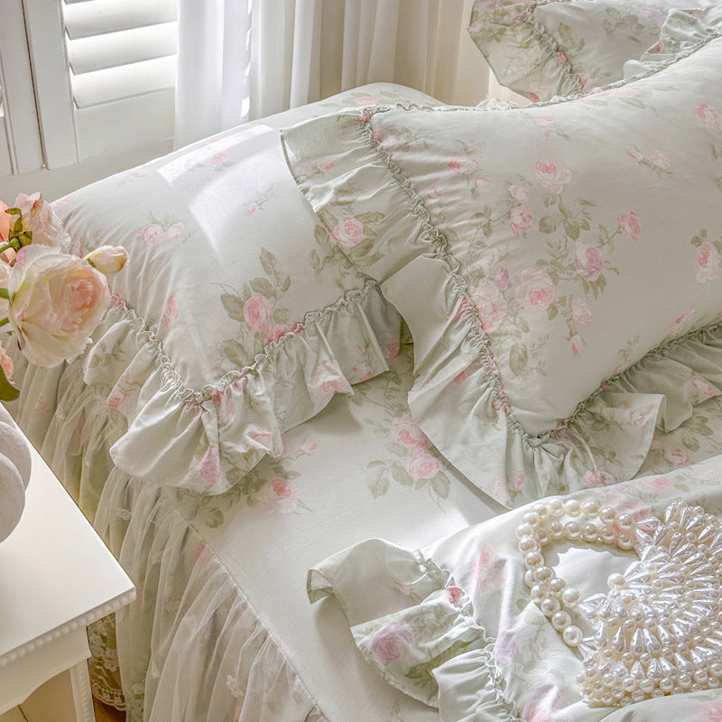 Sage Rose Garden bed skirts with matching floral pillowcase 