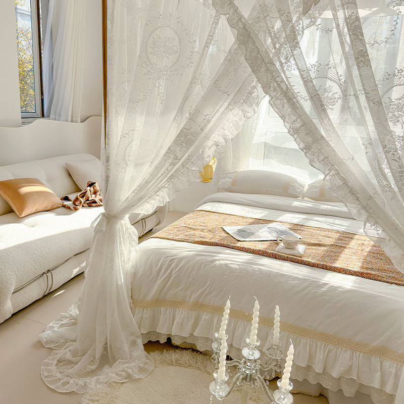 Floral Lace Bed Canopy Curtains – Romantic 4-Poster Bed Drapes