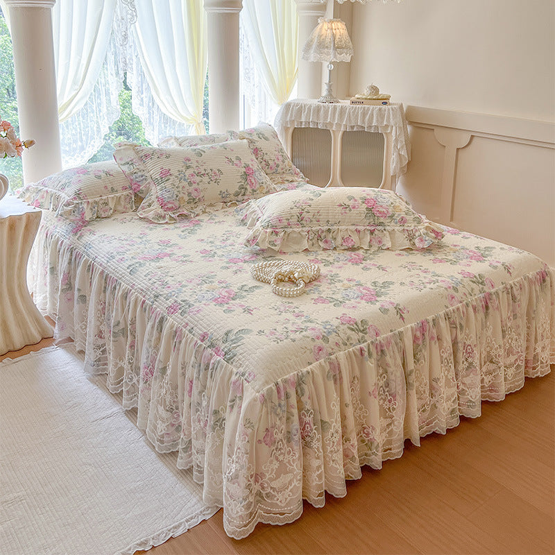 French Rose Bed Skirt with Lace Trim