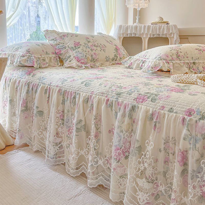 French Rose Bed Skirt with Lace Trim