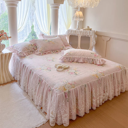 French Rose Bed Skirt with Lace Trim