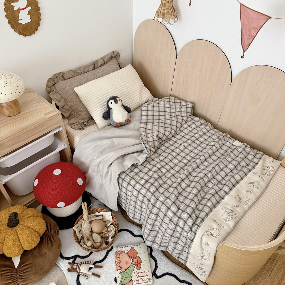 Gray Plaid Kids Comforter – Bunny Embroidery