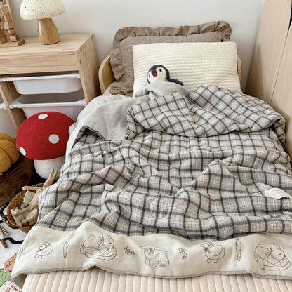Gray Plaid Kids Comforter – Bunny Embroidery