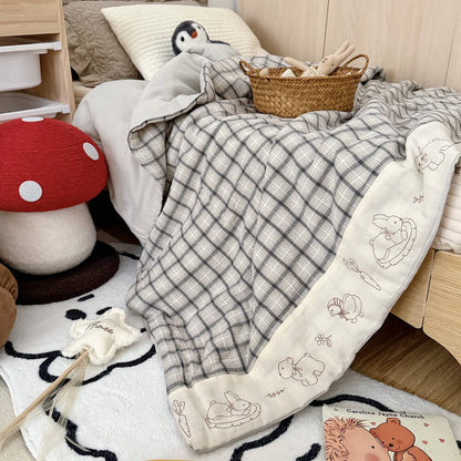 Gray Plaid Kids Comforter – Bunny Embroidery