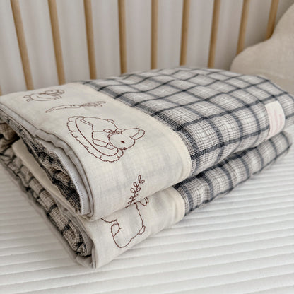 Gray Plaid Kids Comforter – Bunny Embroidery