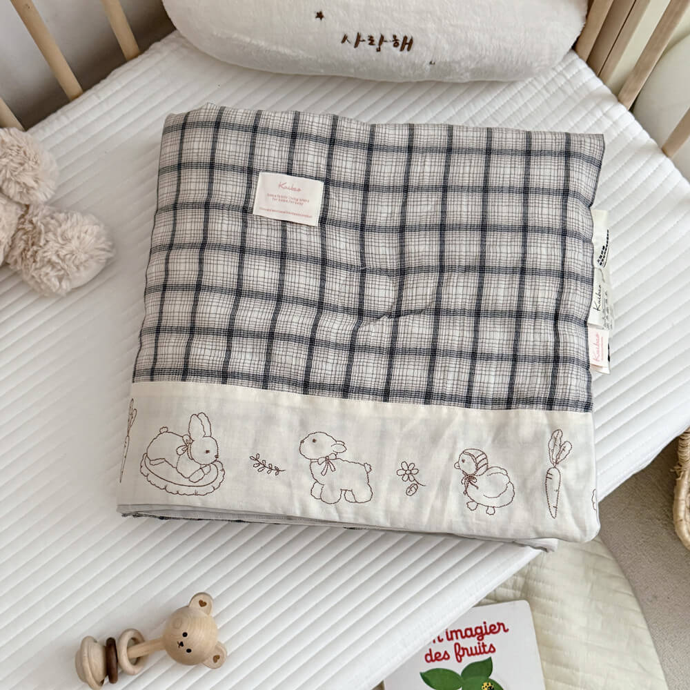 Gray Plaid Kids Comforter – Bunny Embroidery