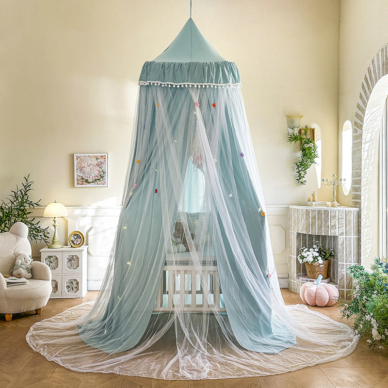 Haze Blue double layer bed canopy with a ruffled top and white lace/crochet trim, draped elegantly over a white full-size bed, creating a tranquil girls' room.