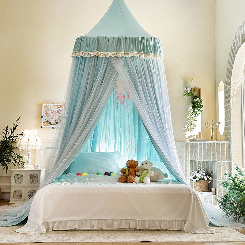 Haze Blue double layer bed canopy with elegant lace trim, draped beautifully over a full-size bed, adding a romantic and cozy touch to the bedroom decor.