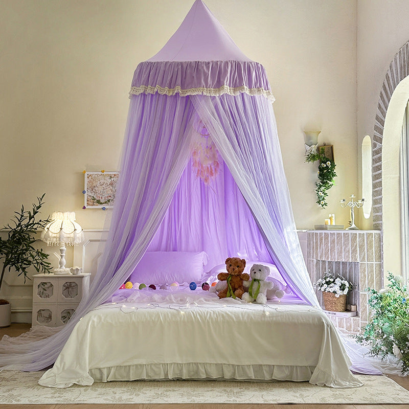 Lavender Purple double-layer bed canopy with lace trim, hung over a large white bed, featuring a romantic draped design and white sheer curtains for an elegant bedroom look.
