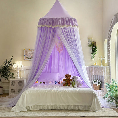 Lavender Purple double-layer bed canopy with lace trim, hung over a large white bed, featuring a romantic draped design and white sheer curtains for an elegant bedroom look.