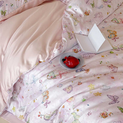 Interior design showcase of the Winifred Home pink TENCEL™ Lyocell bedding set with butterfly patterns, highlighting the contrast between the bedside lamp and the soft, breathable texture of the luxury fabric.