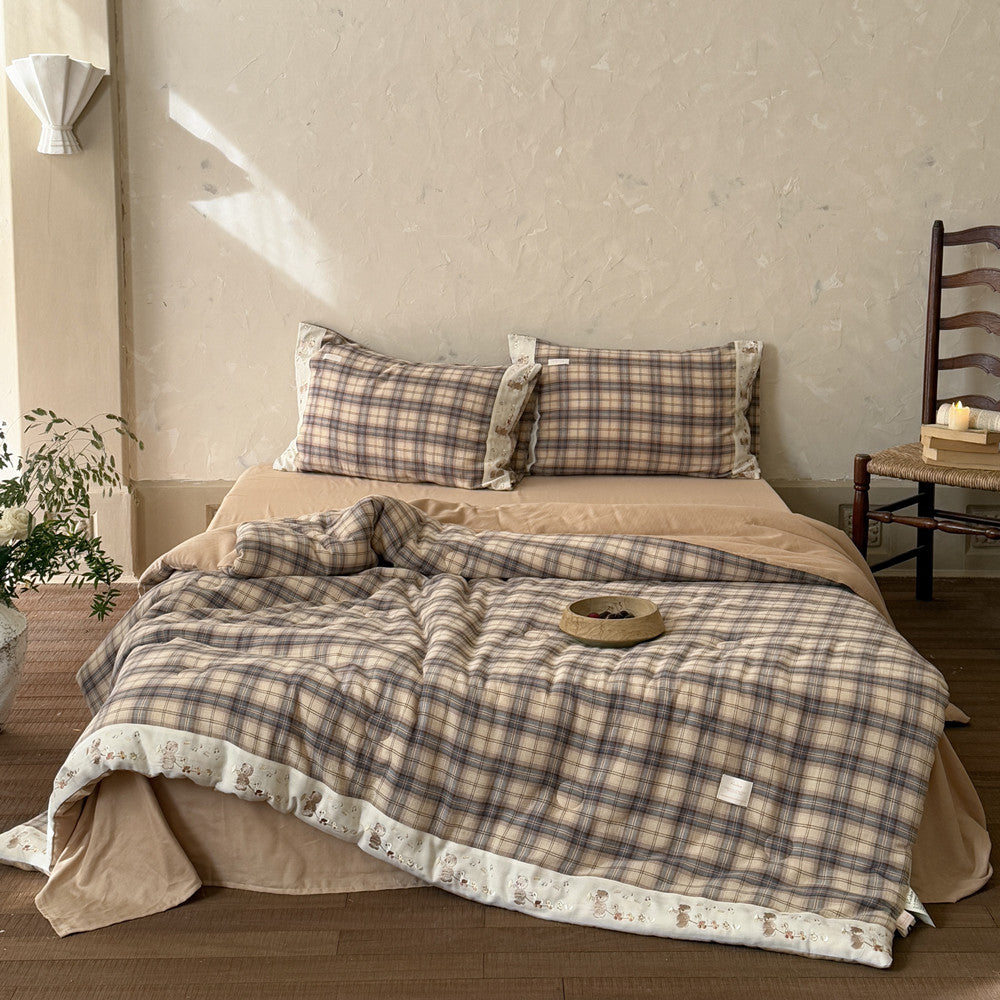 Plaid Cotton Muslin Comforter with Bear Embroidery
