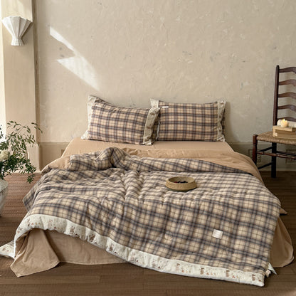 Plaid Cotton Muslin Comforter with Bear Embroidery