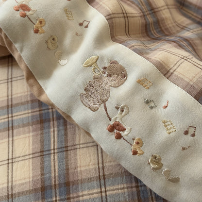 Plaid Cotton Muslin Comforter with Bear Embroidery