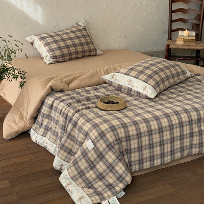 Plaid Cotton Muslin Comforter with Bear Embroidery