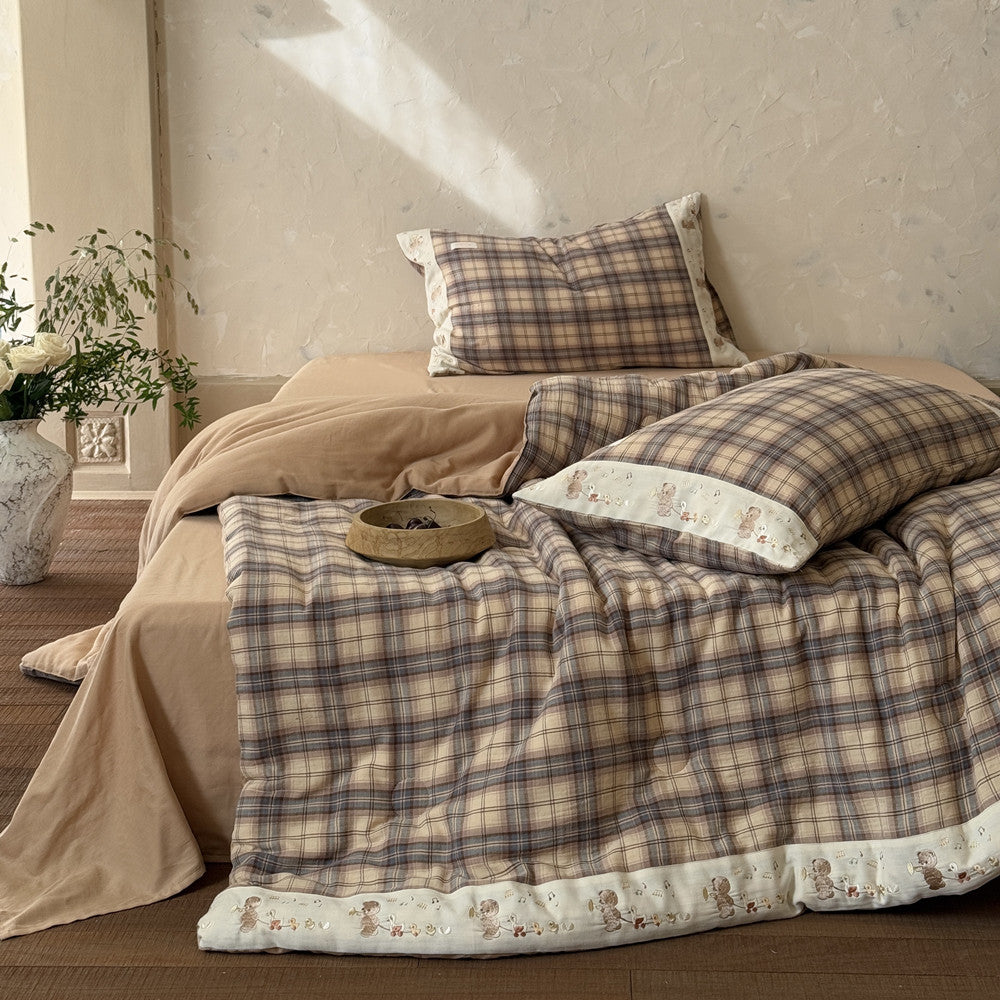 Plaid Cotton Muslin Comforter with Bear Embroidery