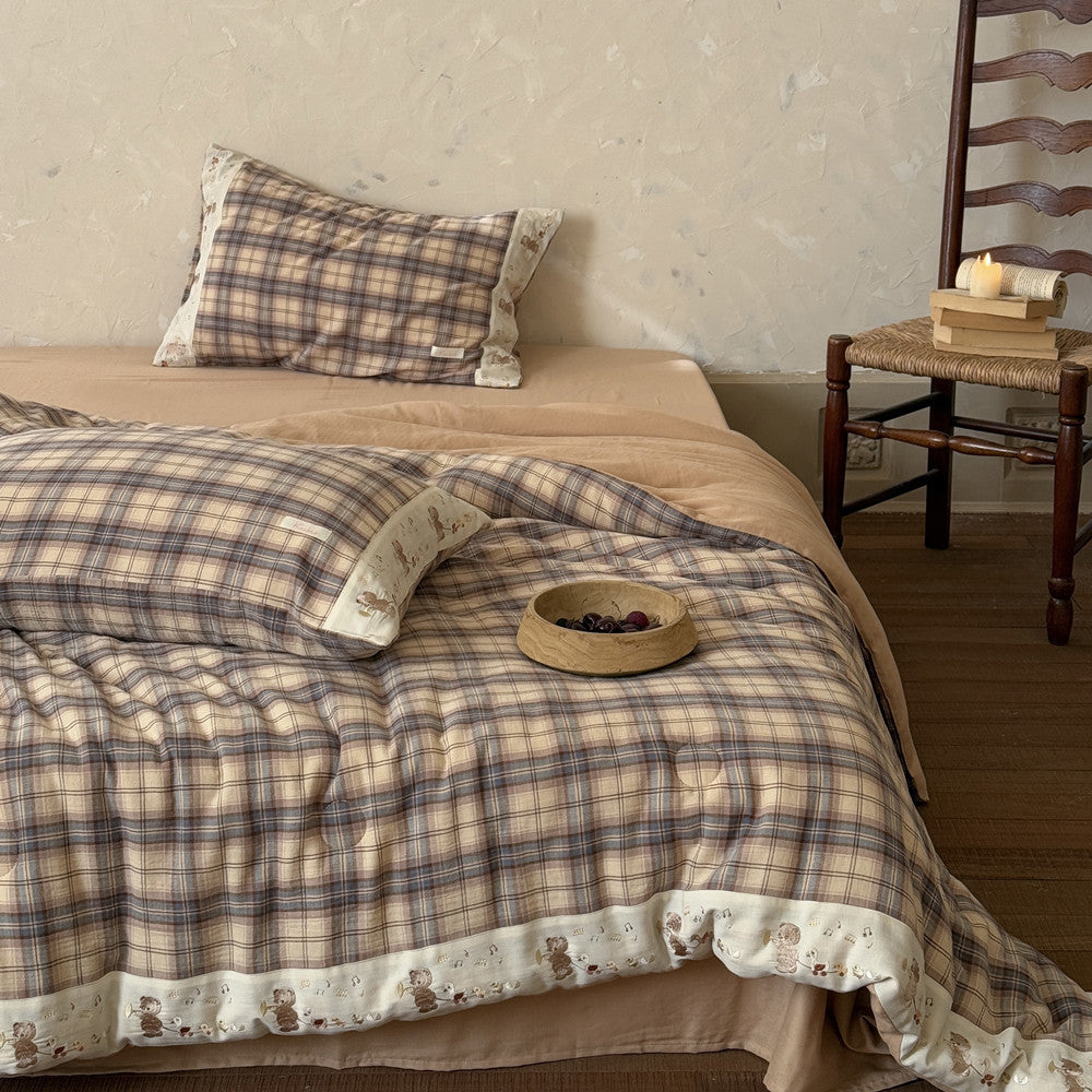Plaid Cotton Muslin Comforter with Bear Embroidery