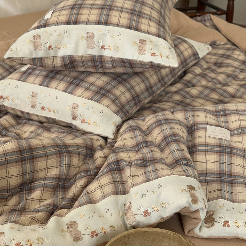 Plaid Cotton Muslin Comforter with Bear Embroidery