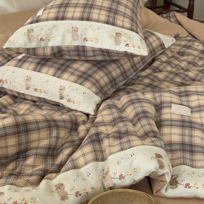 Plaid Cotton Muslin Comforter with Bear Embroidery