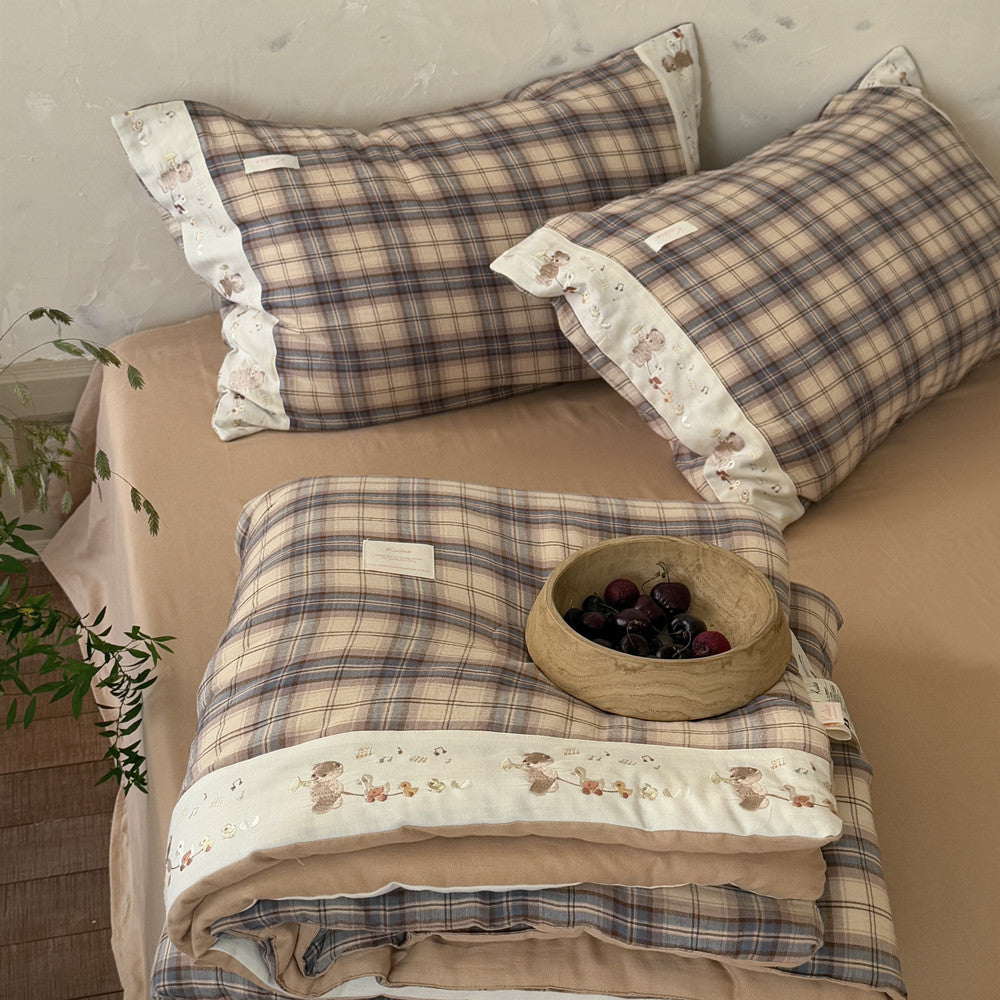 Plaid Cotton Muslin Comforter with Bear Embroidery