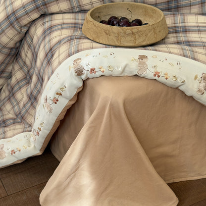 Plaid Cotton Muslin Comforter with Bear Embroidery