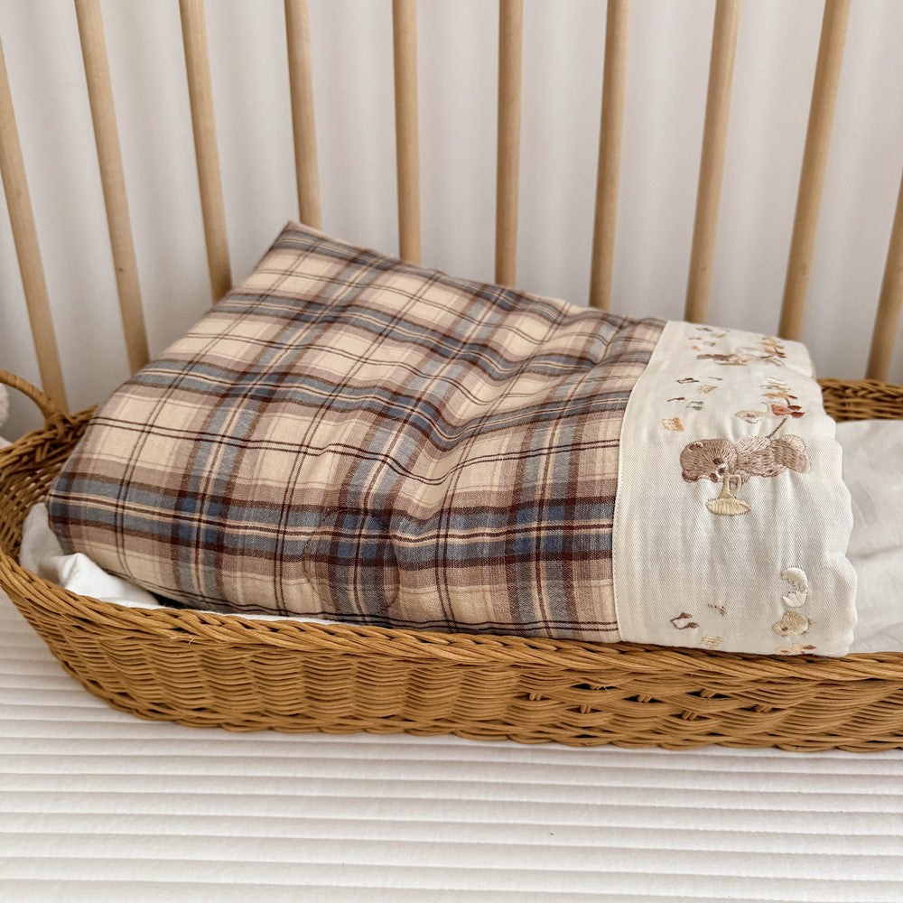Plaid Cotton Muslin Kids Comforter – Bear Embroidery